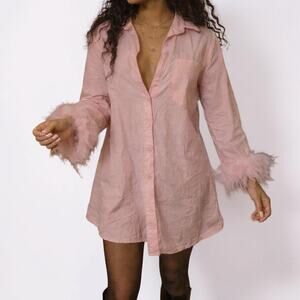 Bon Viviann Pink Feather Trim Button Up Shirt Dress Medium